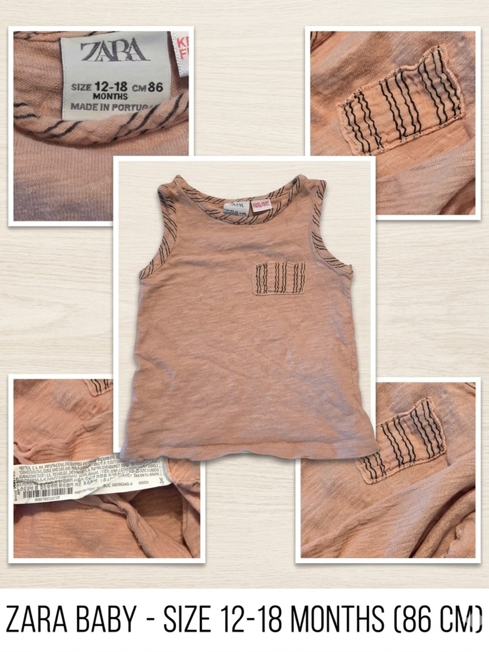 12-18 month Zara Baby Boy Dusty Peach Stripe-Trim Sleeveless Pocket Tank Top